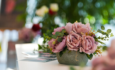 Floral arrangements deco with artificial flowers bouquets used as interior decorations in a lounge