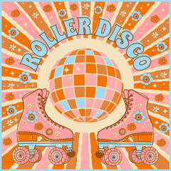 roller skates and disco ball, retro illustration in 70s style, inscription: roller disco - obrazy, fototapety, plakaty