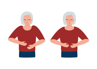 Senior woman is doing breathing exercise, respiratory deep breath, exhale and inhale. Healthy yoga and relaxation for erderly. Vector illustration