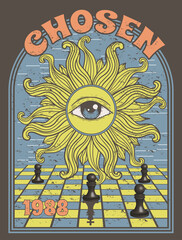 chessboard with chess and sun with eye, psychedelic print on t-shirt in 80s style