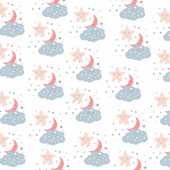 children's pattern. baby stars, Moon, cloud, gray, pink, red texture. suitable for a nursery, wrapping paper, wallpaper, baby shower, notebooks, office supplies. vector illustration.