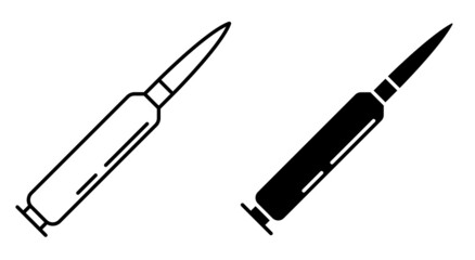 Linear icon, automatic weapon bullet. Soldier weapon. Simple black and white vector isolated on white background