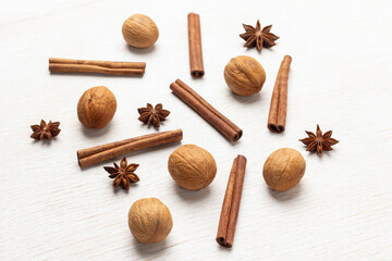 Walnut, cinnamon sticks and star anise.