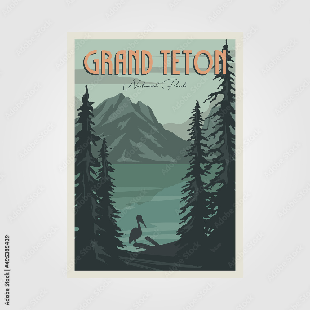 Wall mural grand teton national perk poster vector vintage illustration design, grant teton lake and mountain p - Wall murals