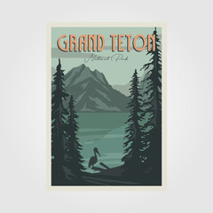 grand teton national perk poster vector vintage illustration design, grant teton lake and mountain poster - obrazy, fototapety, plakaty