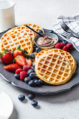 Homemade waffles with berries and chocolate cream on dark plate, gray background. Family breakfast concept.