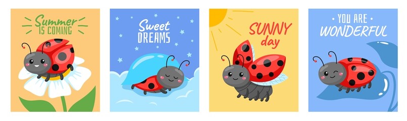 Cartoon ladybug cards. Baby pretty insects, childish cartoon beetle characters, cute red beetle sitting on leaf or flower, funny square posters with text. Spring, summer seasons vector set © YummyBuum