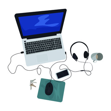 Vector image of a desktop with a laptop, phone, headphones and keys on it, viewed from above on a white background