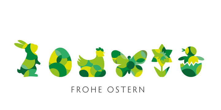 Ostergr&uuml;&szlig;e mit gr&uuml;nen dekorativen Ostermotiven auf wei&szlig;em Hintergrund - deutscher Text