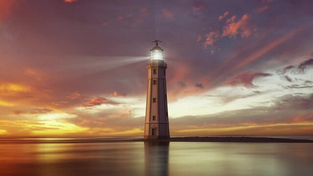 lighthouse at sunset with endless rotating light rays
