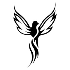 Silhouette of a firebird drawn with black lines on a white background. Tropical bird hummingbird in a linear style. Logo for print, tattoo, emblem for company or club design. Vector isolated