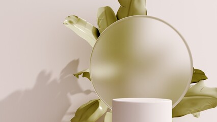 3D render podium, showcase with shadows on pastel background with tropical leaves of plants. Mock up for the exhibitions, presentation of products - 3D render. Composition of geometric object, arch.