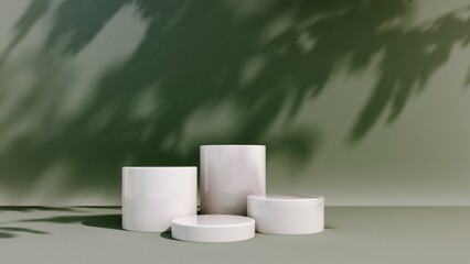 3D render podium, showcase with shadows on pastel background with tropical leaves of plants. Mock up for the exhibitions, presentation of products - 3D render. Composition of geometric object, arch.