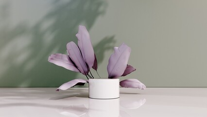 3D render podium, showcase with shadows on pastel background with tropical leaves of plants. Mock up for the exhibitions, presentation of products - 3D render. Composition of geometric object, arch.