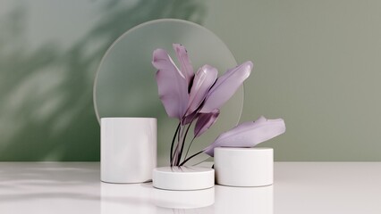 3D render podium, showcase with shadows on pastel background with tropical leaves of plants. Mock up for the exhibitions, presentation of products - 3D render. Composition of geometric object, arch.