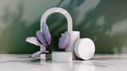 3D render podium, showcase with shadows on pastel background with tropical leaves of plants. Mock up for the exhibitions, presentation of products - 3D render. Composition of geometric object, arch.