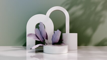 3D render podium, showcase with shadows on pastel background with tropical leaves of plants. Mock up for the exhibitions, presentation of products - 3D render. Composition of geometric object, arch.
