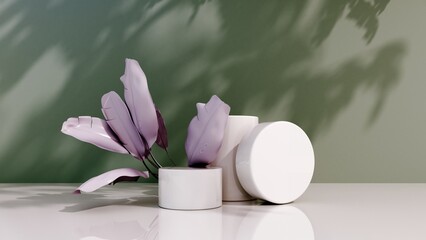 3D render podium, showcase with shadows on pastel background with tropical leaves of plants. Mock up for the exhibitions, presentation of products - 3D render. Composition of geometric object, arch.