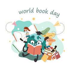 A cute world mascot, a boy and girl reading a book and enjoy studying together. World book day concept cartoon flat vector illustration. International literacy day.