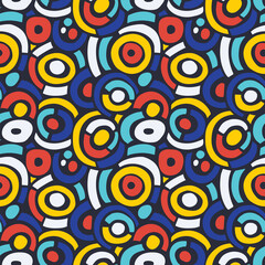 Abstract circular design in red, yellow and blue colors. Vector seamless pattern.