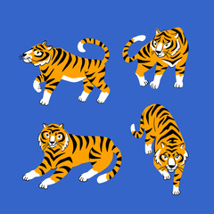 Set of funny tigers. Lying, walking and lasting. Decor element for kids t-shirt design. Isolated animals on the blue background. vector illustration.