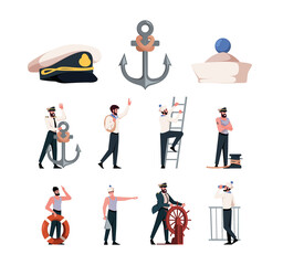 Captains and sailors. Navy marine or ocean workers mariner sailors in costume garish vector set - obrazy, fototapety, plakaty
