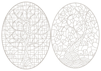 A set of contour illustrations in the style of stained glass with abstract trees, dark contours on a white background