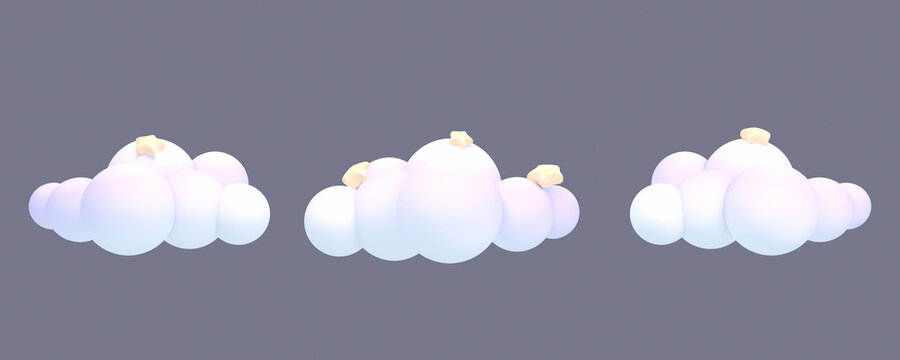 3d rendered cartoon pastel clouds with stars set.