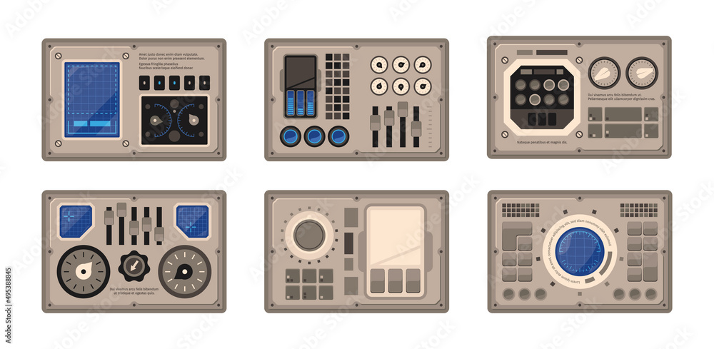 Poster Control panel. Spaceship ui dashboard round controllers buttons displays and controlling computer devices garish vector flat templates collection