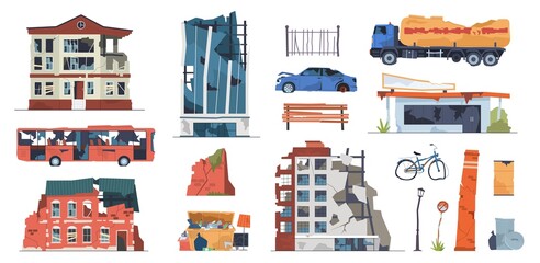 Damaged city objects. Collapsing urban buildings and transport, post apocalyptic destructions, war abandon houses, street ruins, broken car, bus and garbage truck, vector isolated set © YummyBuum