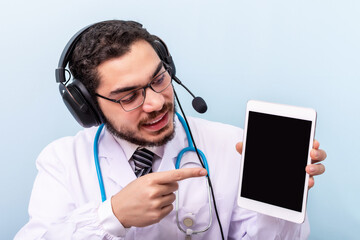 Doctor with headset, mic and tablet. Remote online medical chat consultation.