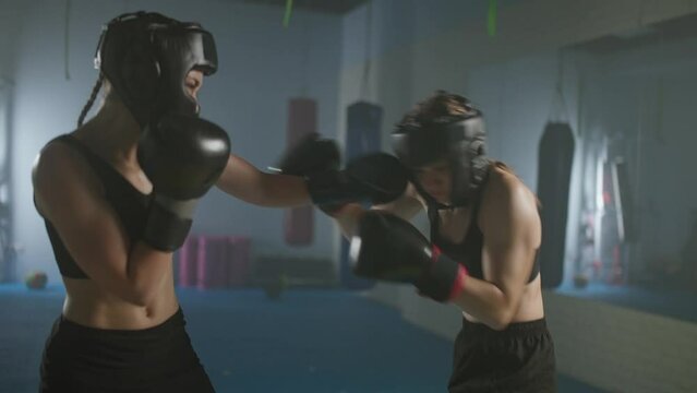Combat sparring of two females fighters wearing protective helmets, training in the boxing gym, females train defence and series of punches on a battle.