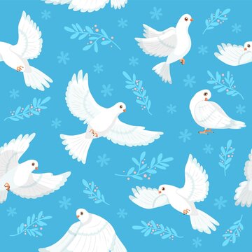 Dove seamless pattern. White flying pigeons, cartoon free birds flock motion, peace symbols, plant sprigs and flowers, blue background. Decor textile, wrapping paper wallpaper, vector print