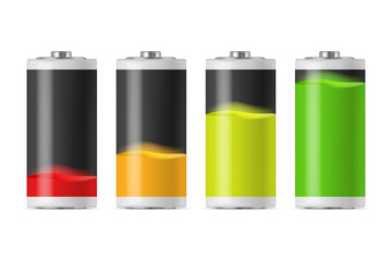 Battery charging stages. Cylinder accumulator colorful energy metal containers loading levels decent vector templates set