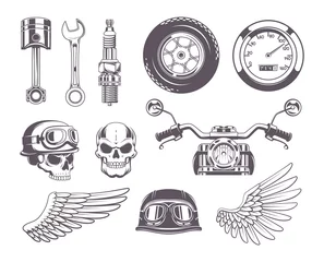 Foto op Plexiglas Motorcycle badges. Traveling moto labels for bikers club choppers skull tattoo exact vector monochrome templates © ONYXprj
