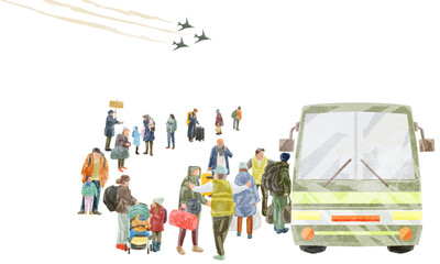 Naklejka premium バスに並ぶ避難する人たち手描き水彩風イラスト 