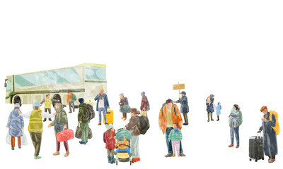 バスに並ぶ避難する人たち手描き水彩風イラスト
