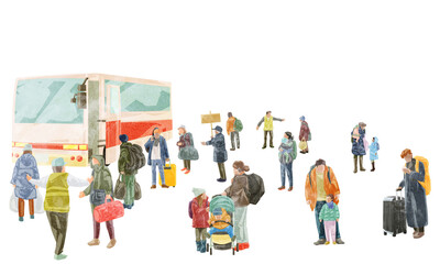 バスに並ぶ避難する人たち手描き水彩風イラスト
