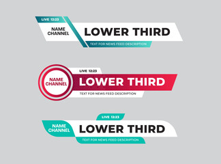 set of colored vector lower thirds for news titles and credits, channel name and time.