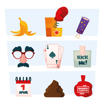 1 april. Symbols of fools day joke glasses present boxes smile mood pictures garish vector colored templates isolated