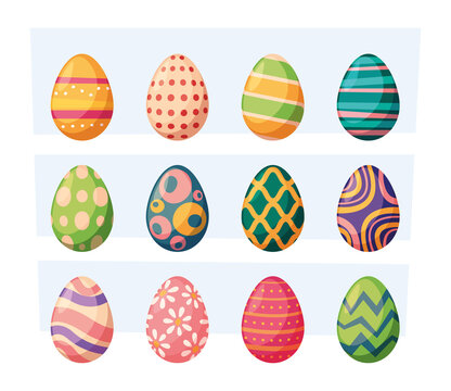 Painted eggs. Easter symbols christian authentic celebration garish vector colored eggs decorated