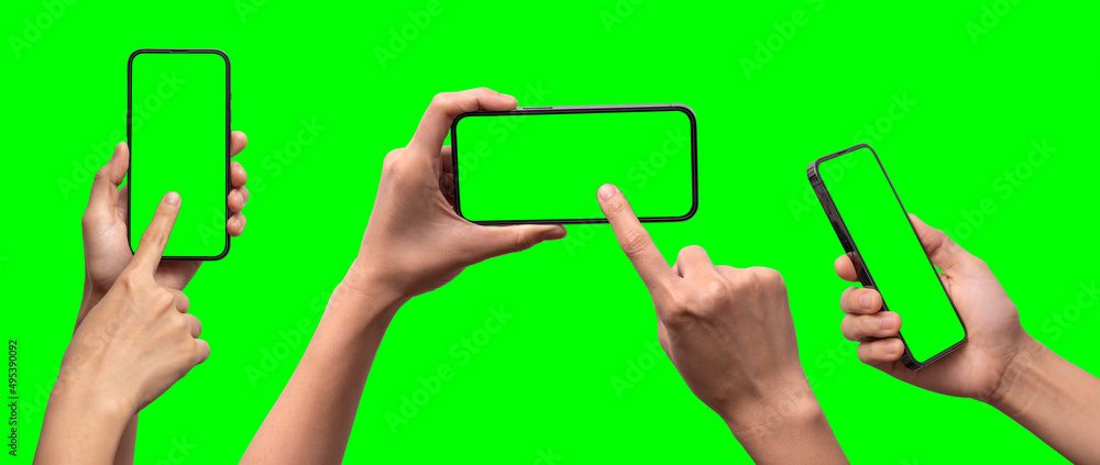 Poster hand holding smartphone set with green screen for vdo editer and modern frameless design in two rota