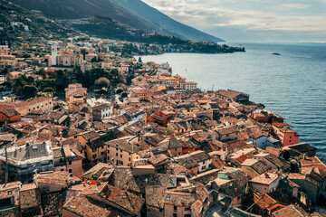 aerial view of town by lake garda
