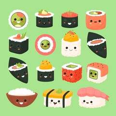 Funny japanese food. Rolls and sushi cartoon characters, kawaii comic ingredients, asian cuisine emoji, rice, salmon in seaweed, mascot with happy emotions, vector isolated set