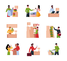 Retailers people. Happy characters in market making purchase with debit nfc card garish vector cartoon templates