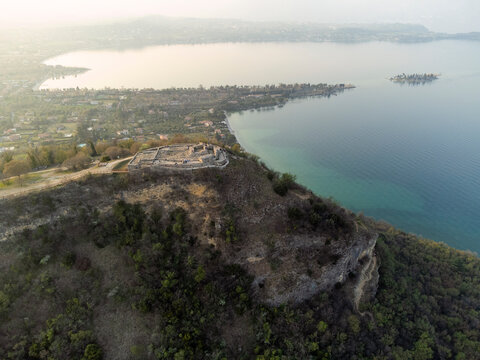 Lake Garda, Italy. Aerial drone photography. View of rocca di manerba