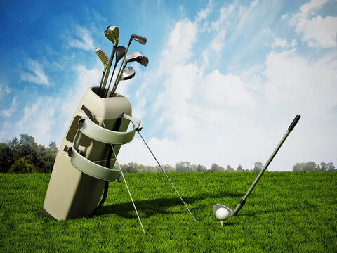 Golf bag full of golf clubs and ball with a club on the grass. 3D illustration