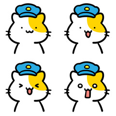 警察帽をかぶるかわいいねこのキャラクターの手書き風表情イラストセット