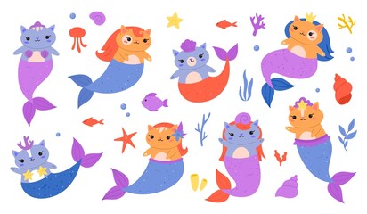 Mermaids cats. Little funny kittens with fish tails and scales, cute fairy ocean creatures, underwater magic fauna, colorful sea animals, girly doodle stickers collection, vector cartoon isolated set