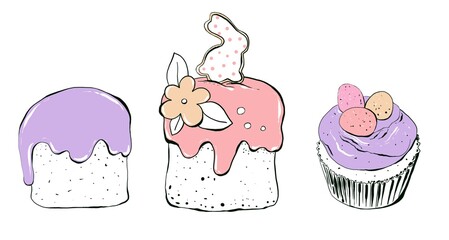 Set of Easter cake, sweet dessert. Hand drawing illustration in cartoon style. Design for postcards, stickers, menu